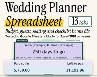 Wedding Planner Spreadsheet, Google Sheets and Excel, Budget, Guest List, RSVP, Seating Chart, Checklist