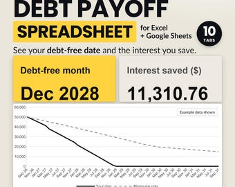 Debt Payoff Spreadsheet for Google Sheets and Excel, Snowball and Avalanche Calculator, 25 Debts