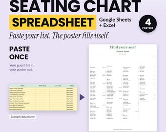 Wedding Seating Chart Template Spreadsheet, Google Sheets and Excel, Alphabetical or By Table