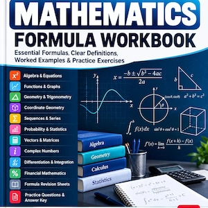 Op de afbeelding: Een wiskundeformule-werkboek getiteld Complete Mathematics Formula Workbook van Condense Study. De omslag bevat blauwe en witte tekst, wiskundige vergelijkingen, grafieken en een lijst met onderwerpen zoals algebra, meetkunde en calculus.