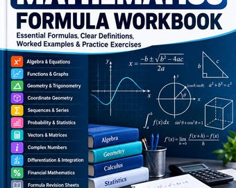 Puede incluir: Un libro de ejercicios de fórmulas matemáticas titulado Complete Mathematics Formula Workbook de Condense Study. La portada presenta texto en azul y blanco, ecuaciones matemáticas, gráficos y una lista de temas que incluyen álgebra, geometría y cálculo.