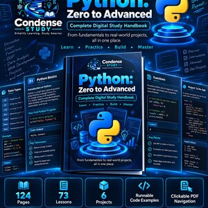 Python Programming Study Guide PDF | Zero to Advanced Handbook, 124 Pages, 73 Lessons, 6 Projects & Code Examples