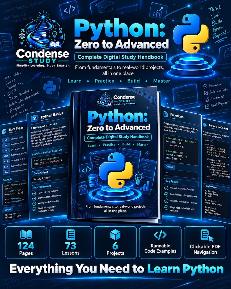 Python Zero to Advanced Handbook | 124 Pages, 73 Lessons, 6 Projects (Digital Download) 画像 1