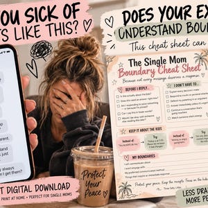 May include: A digital download titled The Single Mom Boundary Cheat Sheet, featuring a checklist for responding to messages, sections for setting boundaries, and examples for keeping communication focused on children, with palm tree illustrations.