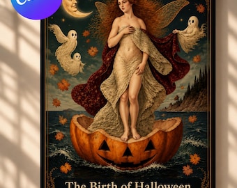 Lámina artística "El nacimiento de Halloween: Hada gótica", Barco de calabaza vintage (Descarga digital)