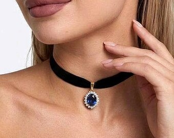 Black Marigold - Neck Choker with Navy Blue Pendant with Cubic Zirconias