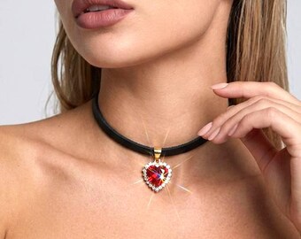 Schwarzes Lederchoker mit Anhänger, sexy Halskette, Herzanhänger, Zirkonia