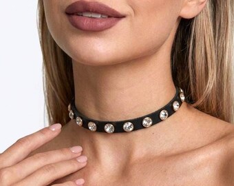 Schwarze Leder-Choker-Halskette mit Zirkonia