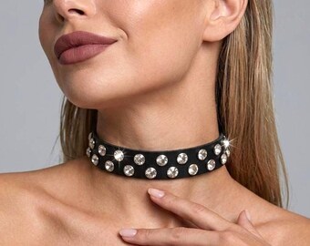 Schwarze Leder-Choker-Halskette mit Zirkonia - Breit
