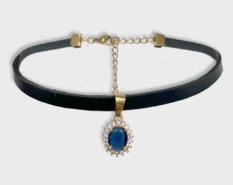 Leather Black Choker with a Pendant - Navy Blue with Cubic Zirconia