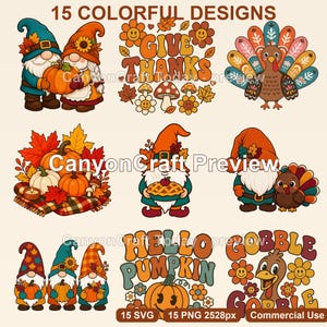 Ensemble de fichiers SVG et PNG pour Thanksgiving, 15 motifs d'automne, gnomes, dindes, citrouilles (DTF Sublimation)
