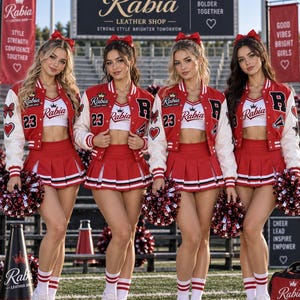 Puede incluir: Cuatro personas con chaquetas universitarias rojas y blancas con el texto Rabia Leather Shop, tops cortos blancos con el texto Rabia y faldas plisadas rojas. Cada conjunto incluye calcetines blancos, zapatillas blancas y lazos rojos.