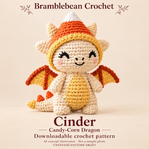 Puede incluir: Un juguete de dragón de ganchillo con un gorro de caramelo de maíz, hecho con hilo crema, naranja y amarillo. El texto dice: Bramblebean Crochet, Cinder, Candy-Corn Dragon, Downloadable crochet pattern, AI concept illustration, Not a sample photo, UNTESTED PATTERN DRAFT.