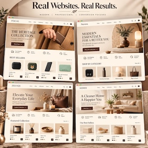 May include: Four website interface mockups displayed in a grid, featuring the brand names Focal, Nuvora, Zelviqs, and Homix. Each layout includes navigation menus, hero sections with text, product categories, and best-seller grids with pricing.