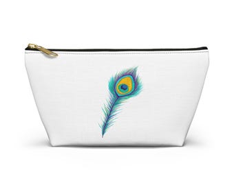 Pochette porta accessori con piuma di pavone - Organizer da viaggio e per trucchi con fondo a T