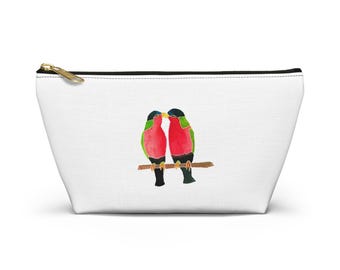 Pochette porta accessori con uccelli Australian Collared Lorry — Simpatica trousse cosmetica con inseparabili ad acquerello