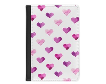 Copertina per passaporto con motivo a cuori rosa acquerellati / Accessorio da viaggio con motivo a cuori