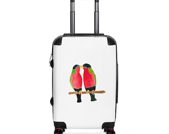 Coprivaligia con motivo di pappagallini colorati e uccelli tropicali, ispirata al camioncino australiano dal collare.