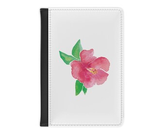 Copertina per passaporto con acquerello di ibisco rosa / Accessorio da viaggio con motivi floreali tropicali