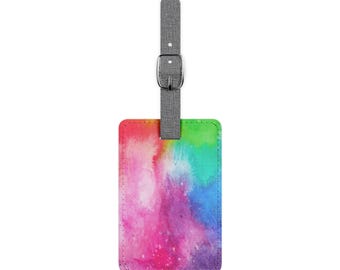Etichetta per bagaglio rettangolare in poliestere Saffiano con lavaggio effetto acquerello arcobaleno