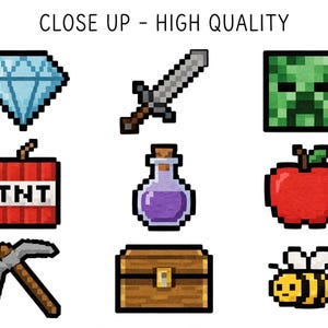 Könnte beinhalten: Eine Sammlung von neun Pixel-Art-Symbolen, bestehend aus einem hellblauen Diamanten, einem grauen Schwert, einem grünen Monstergesicht, einem roten TNT-Block mit Text, einer violetten Trankflasche, einem roten Apfel, einer grauen Spitzhacke, einer braunen Holztruhe und einer gelben Biene.