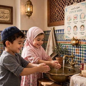 Könnte beinhalten: Ein Poster mit dem Titel Steps of Wudu mit illustrierten Anleitungen zum Waschen von Händen, Mund und Gesicht, das an einer Wand über einem Messingwaschbecken mit Wasserhahn, einem Stück Seife und einer kleinen Pflanze in einem Bad hängt.