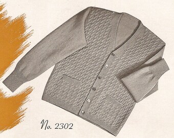 Mens 1950s Mohair Cardigan Sweater Vintage Knitting Pattern, Mock