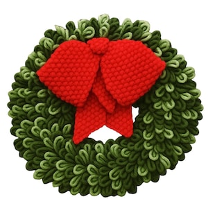 May include: A handmade Christmas wreath with a vibrant red bow. The wreath is crafted from green and dark green yarn, creating a textured, festive appearance. Perfect for holiday decor.