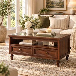 Glass Top Coffee Table with 2 Drawers, Dark Walnut Wood Center Table, Vintage Living Room Table with Open Storage Shelf