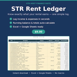 May include: A digital STR Rent Ledger spreadsheet template on a dark blue background. The text reads STR Host Finance Suite, STR Rent Ledger, and lists features like log income and expenses, auto-calculate, and Excel and Google Sheets compatibility.