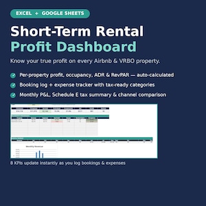 May include: A digital spreadsheet template for Excel and Google Sheets titled Short-Term Rental Profit Dashboard. It features a dark blue background with white text, green accents, and a preview of financial tables, charts, and property performance data.