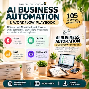 May include: A digital product guide titled AI Business Automation & Workflow Playbook by Z&H Digital Studio. It features 105 practical workflows, a laptop displaying a checklist, a notebook, a mug with text, and four color-coded boxes for Plan, Create, Sell, and Automate.