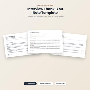 以下が含まれることがあります： 面接後のお礼状テンプレート。黒いテキストが記載された3枚の白い書類が重なっています。ヘッダーにはInterview Thank-You Note Templateと書かれています。書類にはYour Full NameやDear Interviewer Nameといったプレースホルダーが含まれています。