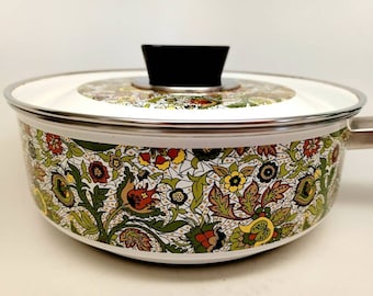Vintage MCM enamelware floral sauce pan or deep skillet with lid