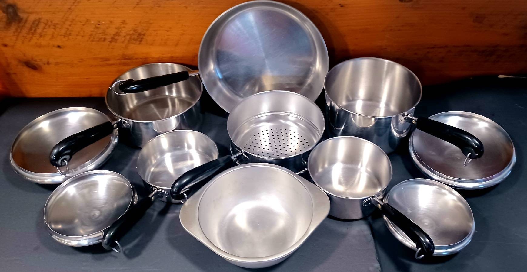 Vintage 1801 Paul Revere cookware set 11 pc set vintage Revere Ware pots and pans USA Revereware double boiler with steamer insert skillet