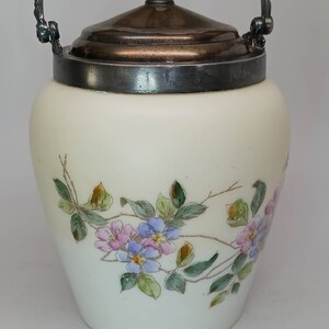 Antique biscuit jar New Amsterdam Silver Co Knickerbocker Mt Washington Glass Works Crown Milano Glass  vintage biscuit barrel