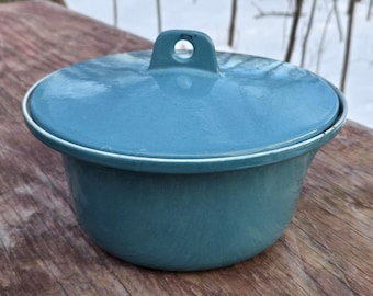 Puede incluir: Una olla de esmalte azul claro con tapa y asa. La olla está sobre una superficie de madera.