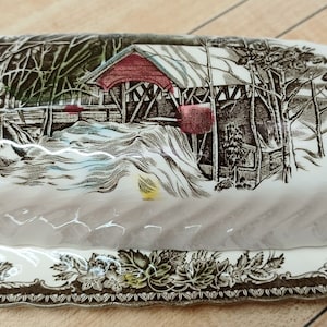 The Friendly Village Covered Bridge Butter Dish With Lid 1/4 Lb