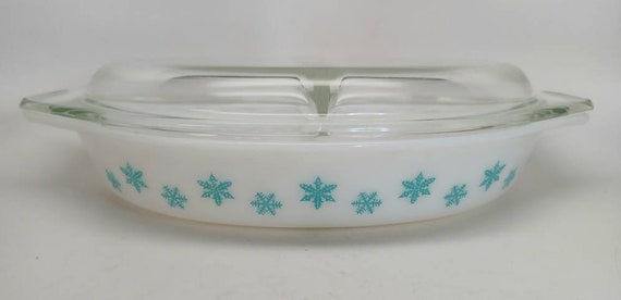 Vintage Pyrex Snowflake on White Divided Casserole Dish With Cover