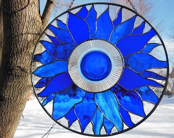 This one has been SOLD Cobalt Blue stained glass Stained Glass Sun blue flower Blue Sun catcher One Of A Kind stained glass Simply Stunning