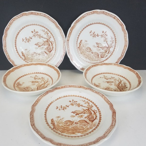 Vintage Furnivals quail brown dessert bread plates and dessert bowls 5 pcs for one deal