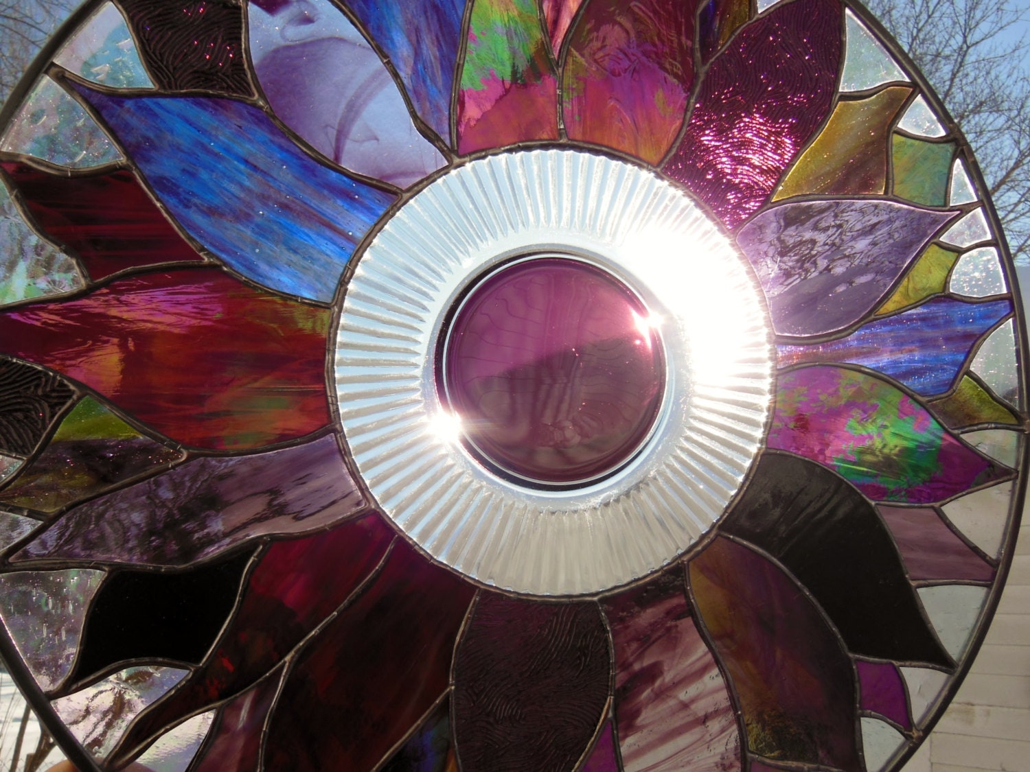 Sold Purple Stained glass sun catcher round purple sun Etsy