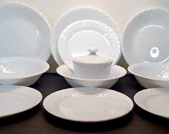 Corelle Enhancements white swirl individual pasta bowls cereal bowls salad plates sugar bowl with lid white salad plates white swirl
