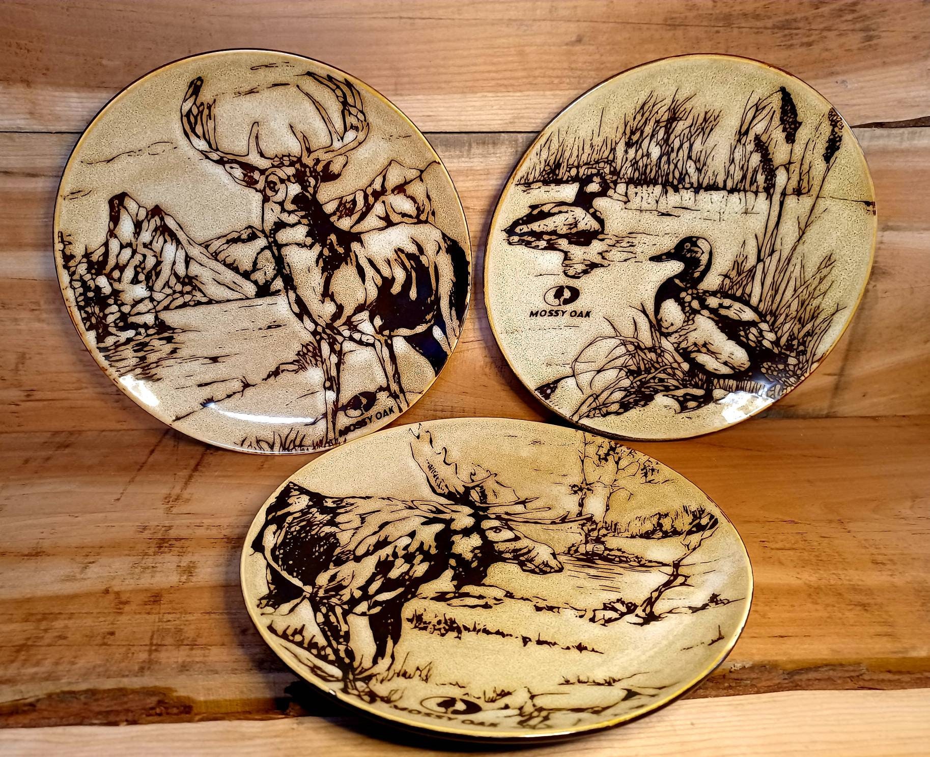 Vintage Mossy Oak Animal Print Salad Plates Set of 3 Plates 1 Deer Plate 1 Duck Plate and 1 Moose Plate Wildlife Scene Dinnerware Etsy