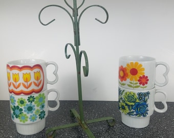 Set of Four Vintage Floral Coffee Mugs With Metal Tree Stand / Mug Hanger -  Etsy
