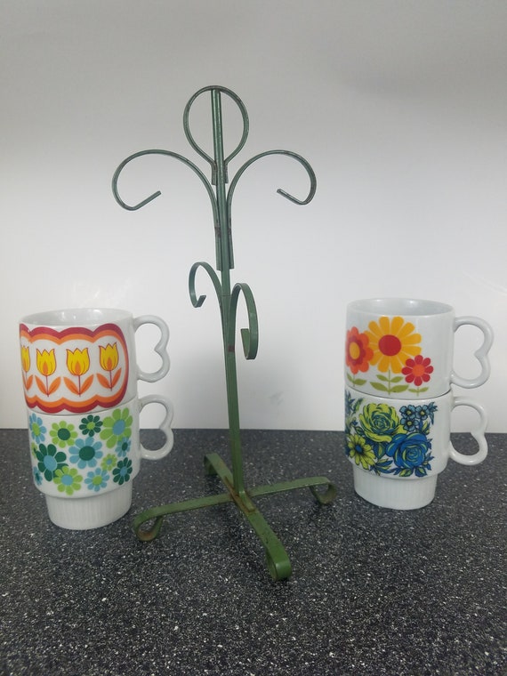 Vintage Mugs With Metal Cup Holder Set of 4 Vintage Flower Mugs