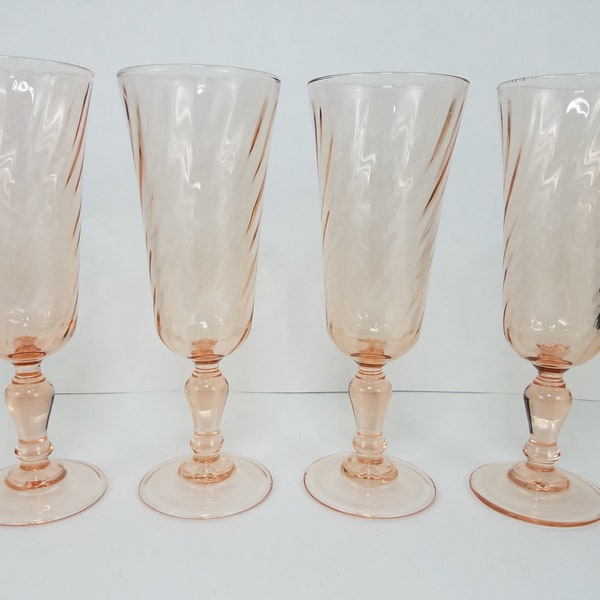 Vintage Rosaline Cristal D'Arques Durand pink swirl optic stemware fluted champagne glasses set of 4 pink glassware