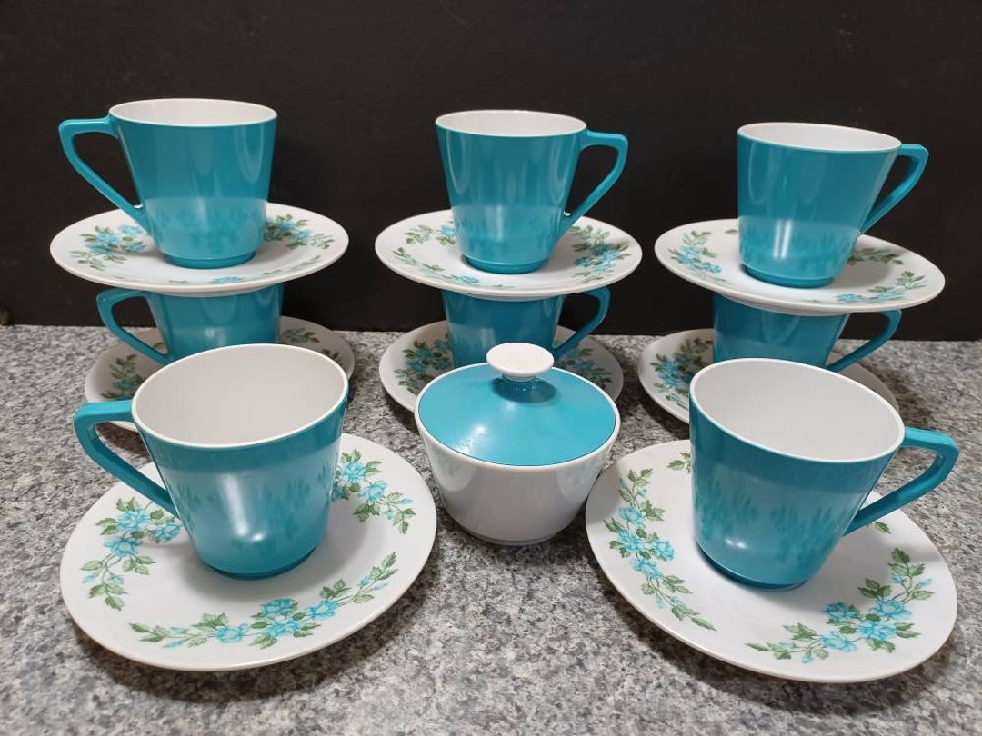 Vintage Plastic Teacups and Saucers Turquoise Blue Hard Etsy