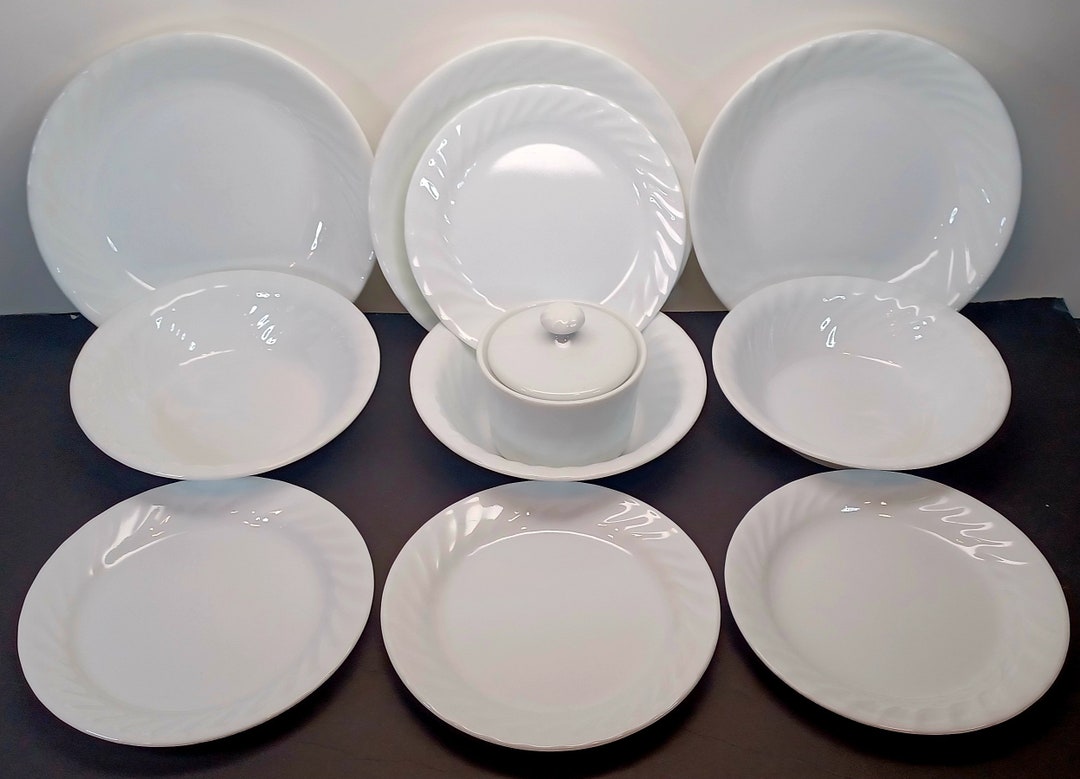 Corelle Enhancements White Swirl Individual Pasta Bowls Dinner Plate Cereal  Bowls Salad Plates Sugar Bowl W Lid Salad Plates Australia