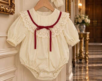Ivory Baby Romper with Red Trim